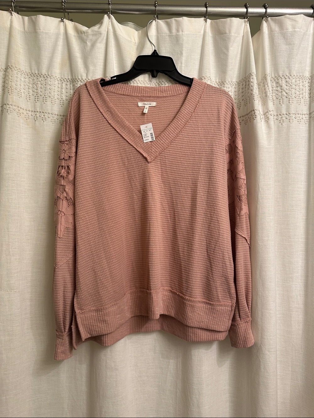 Maurices Blush Waffle Knit V‑Neck Sweater with Lace Sleeves